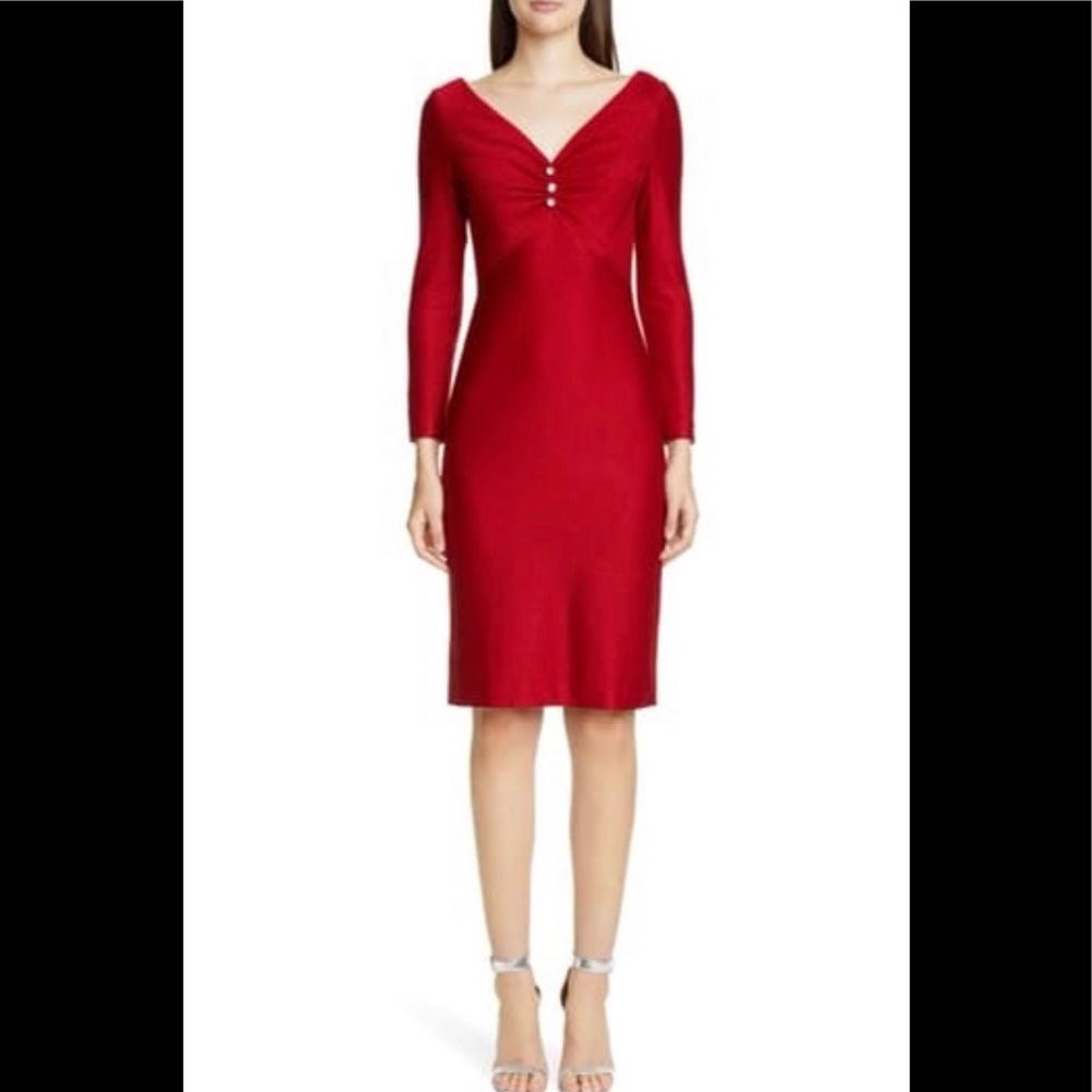 St. John Red V-Neck Midi Dress